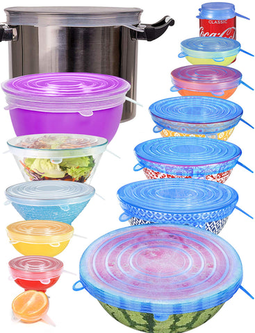 Longzon silicone stretch lids 14-pack overview showing reusable multi-size covers
