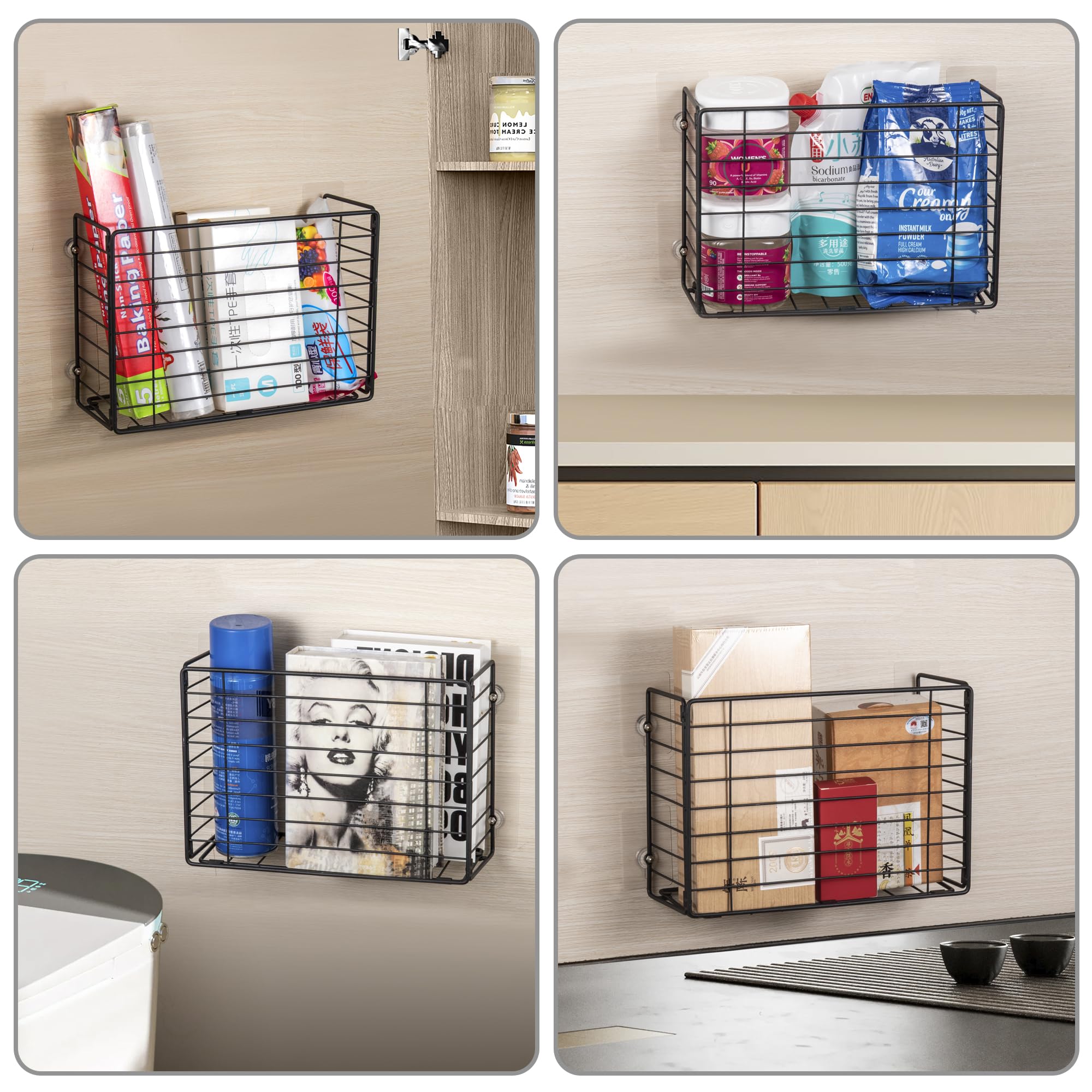 Lonian kitchen wrap organizer shows sturdy metal wire construction for durable storage.