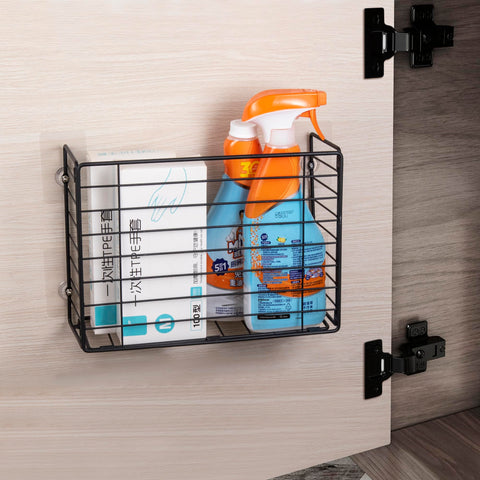 Lonian wall-mounted basket front view offering easy access to wraps and bakeware.