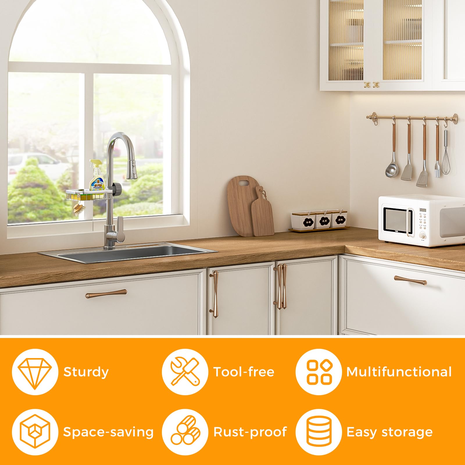 LONIN detachable drain rack over faucet demonstrates easy, tool-free setup.