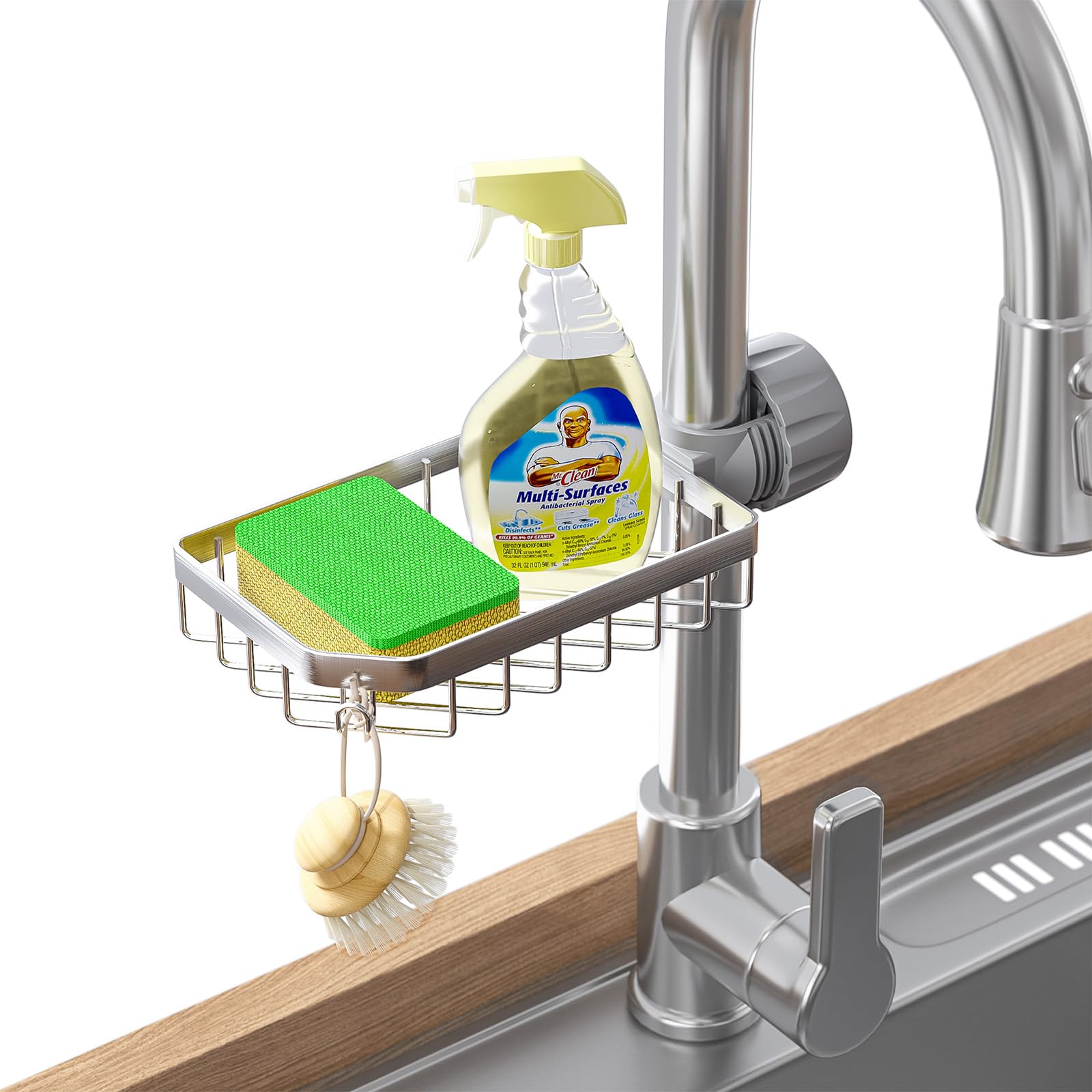 LONIN sponge holder over faucet in kitchen keeps sponges neatly organized and within reach.