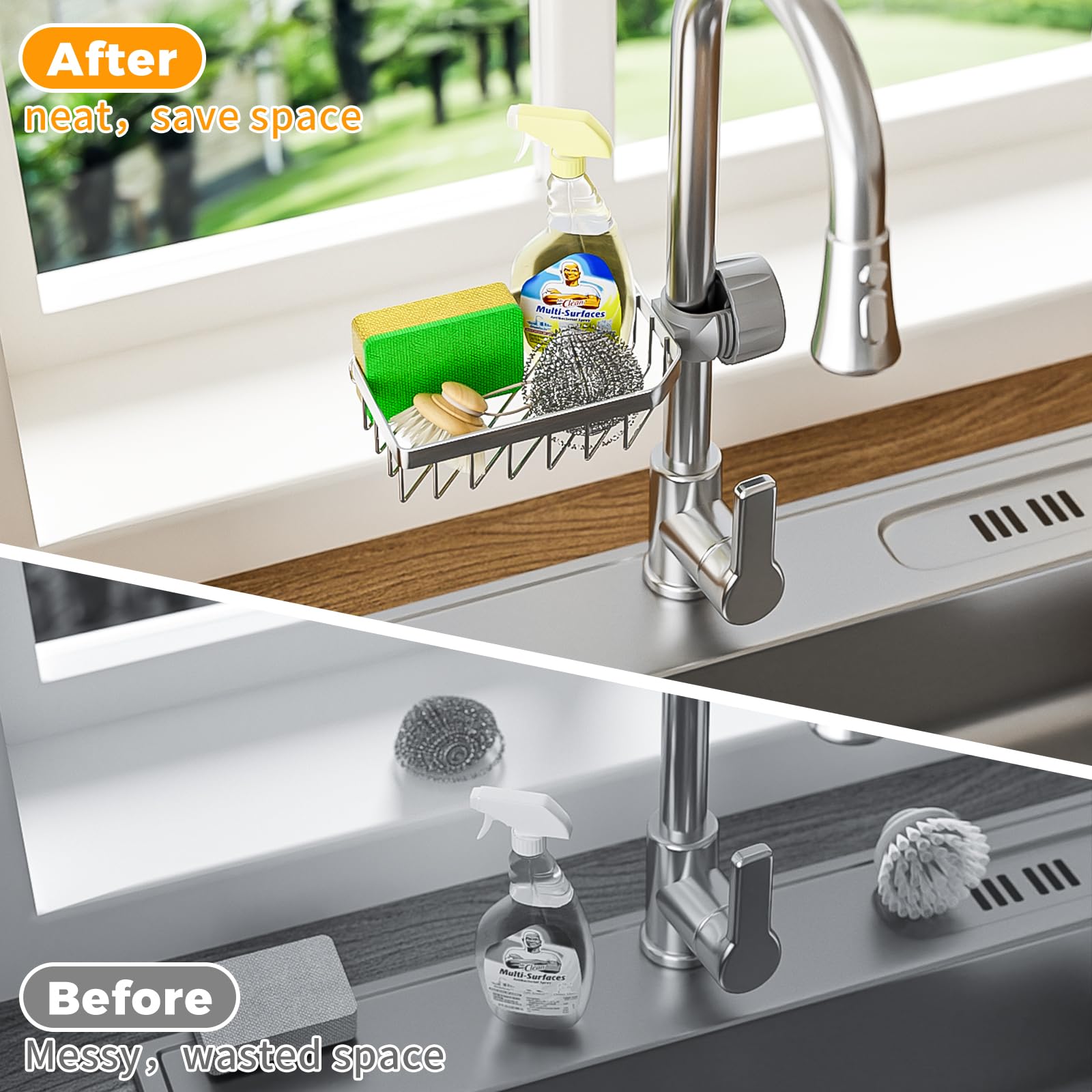 LONIN stainless steel faucet rack closeup highlights rust-resistant chrome finish.