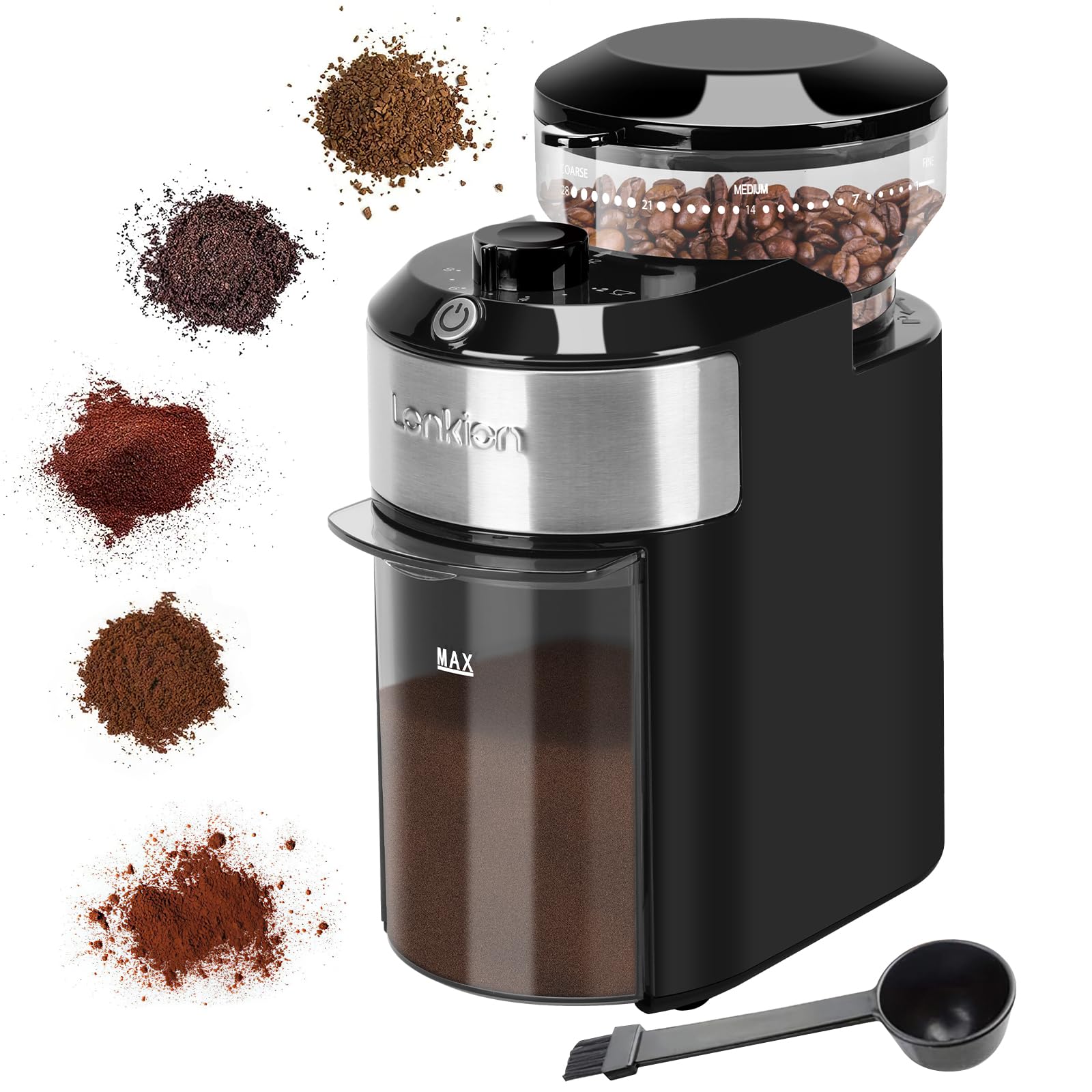 Lonkion Burr Coffee Grinder showing adjustable grind settings for espresso to French press.