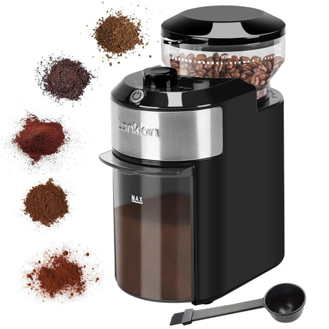 Lonkion Burr Coffee Grinder showing adjustable grind settings for espresso to French press.