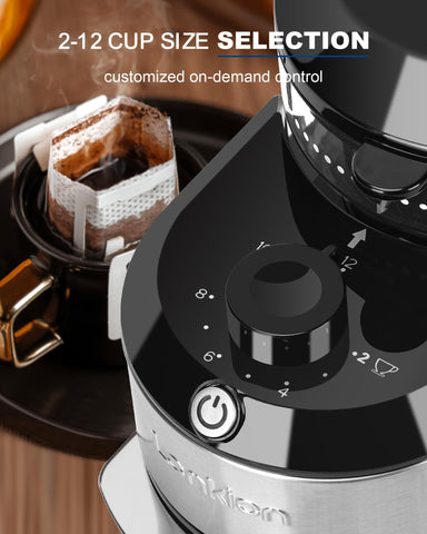 Lonkion Burr Coffee Grinder highlighting auto-stop feature for convenience.