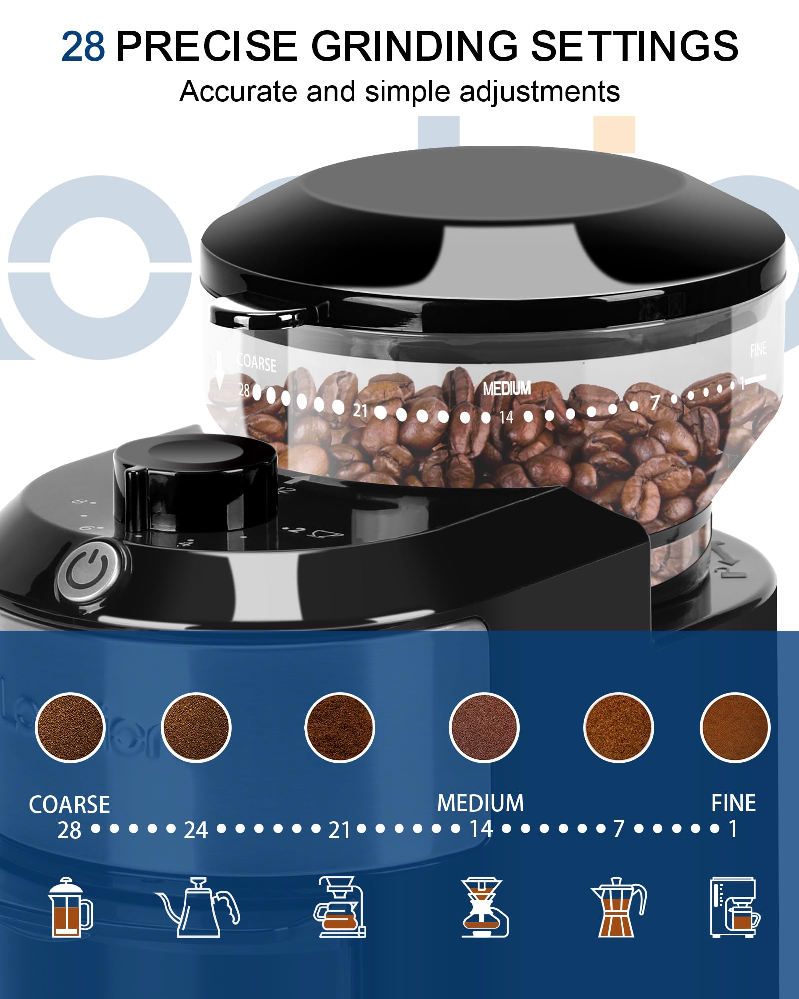 Lonkion Burr Coffee Grinder with cup selector for 2 to 12 cups.