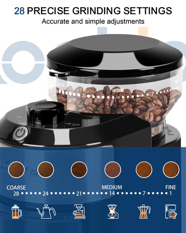 Lonkion Burr Coffee Grinder with cup selector for 2 to 12 cups.