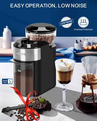 Lonkion Burr Coffee Grinder with easy-clean container keeps grounds tidy.