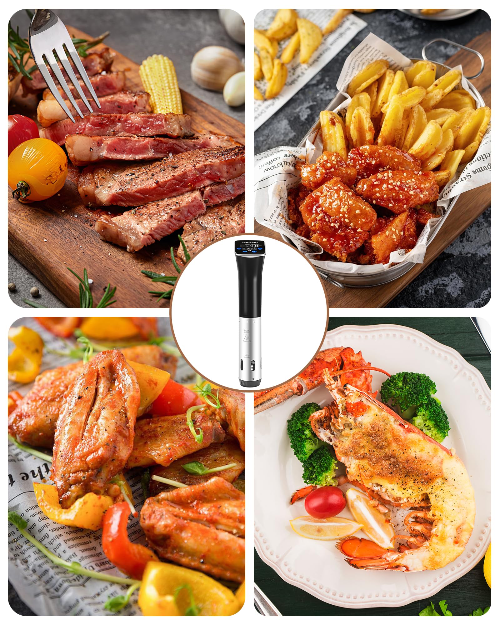 Lonkion sous vide cooker enables precise cooking for steak and fish.