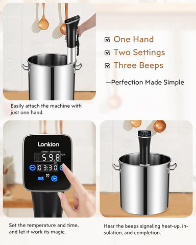 Lonkion sous vide cooker display shows real-time temperature and timer for ease.