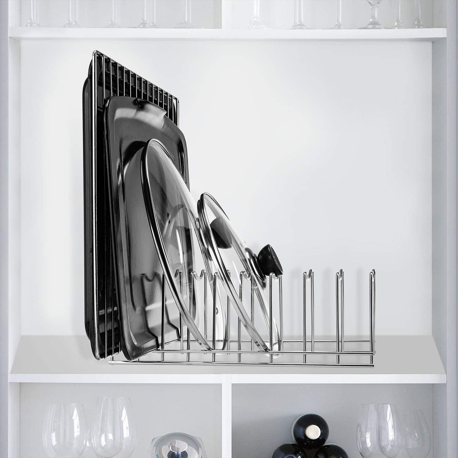 Lonpute kitchen storage organizer for lids, plates, and sheets