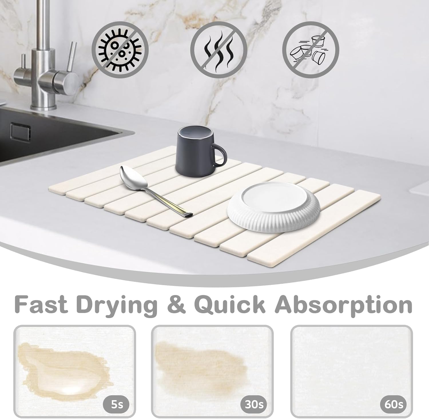 Lonsta diatomite absorbent drying mat quickly wicks away moisture on dishes and countertops.