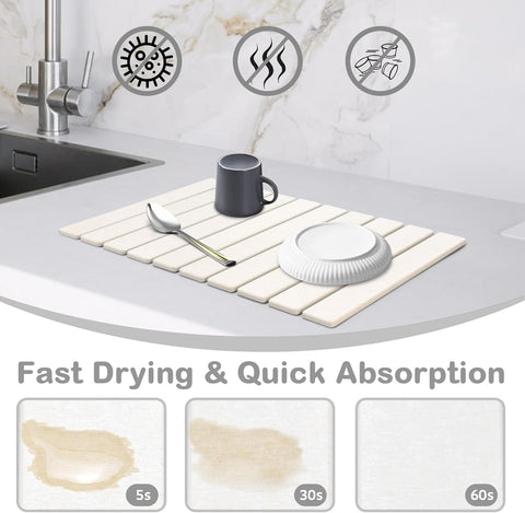 Lonsta diatomite absorbent drying mat quickly wicks away moisture on dishes and countertops.