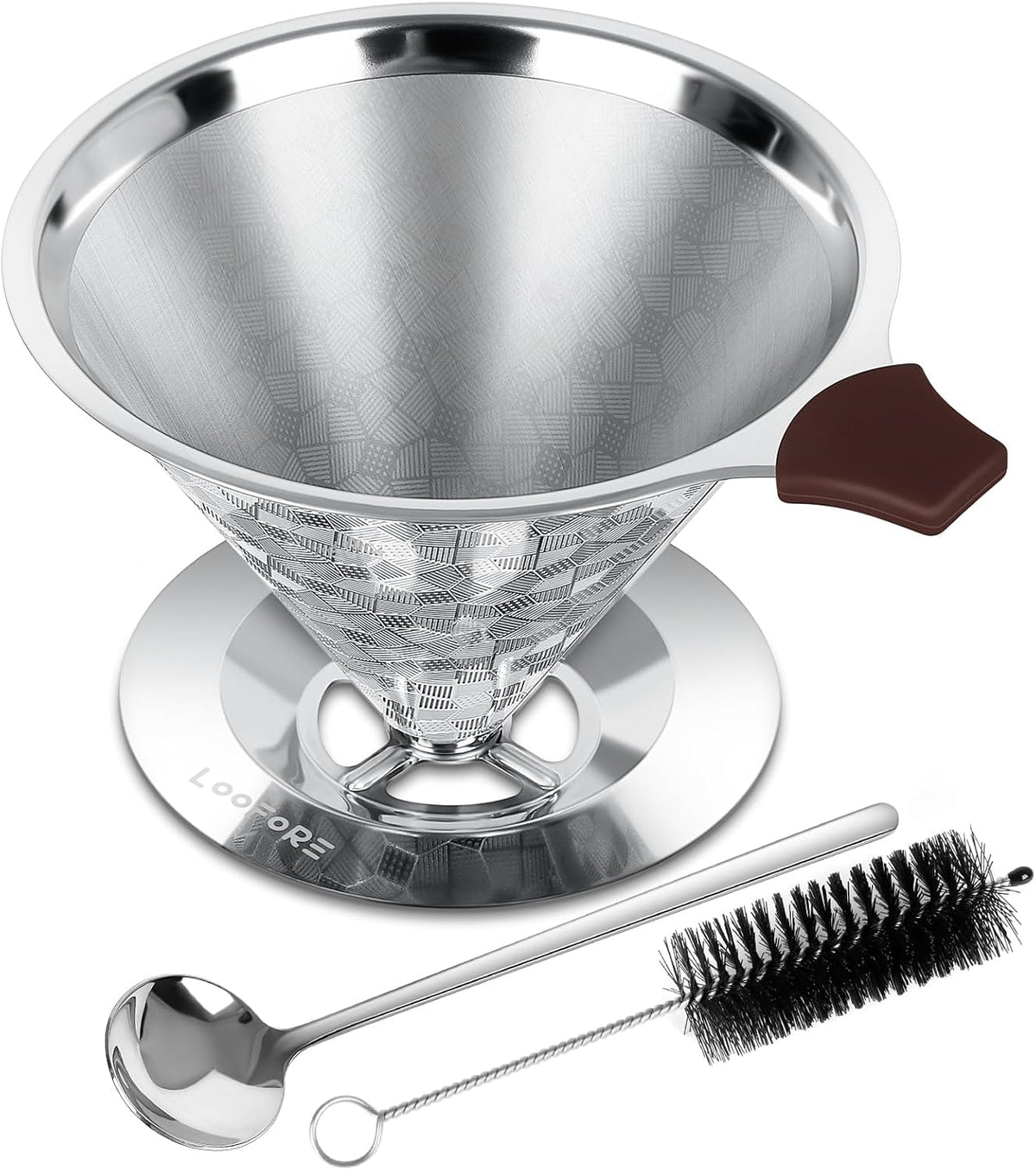 LOOFORE Pour Over Dripper with double mesh for clean, grounds-free coffee.