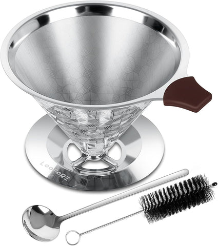 LOOFORE Pour Over Dripper with double mesh for clean, grounds-free coffee.