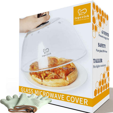 Lopeztek tall glass microwave splatter cover on plate keeps the microwave clean