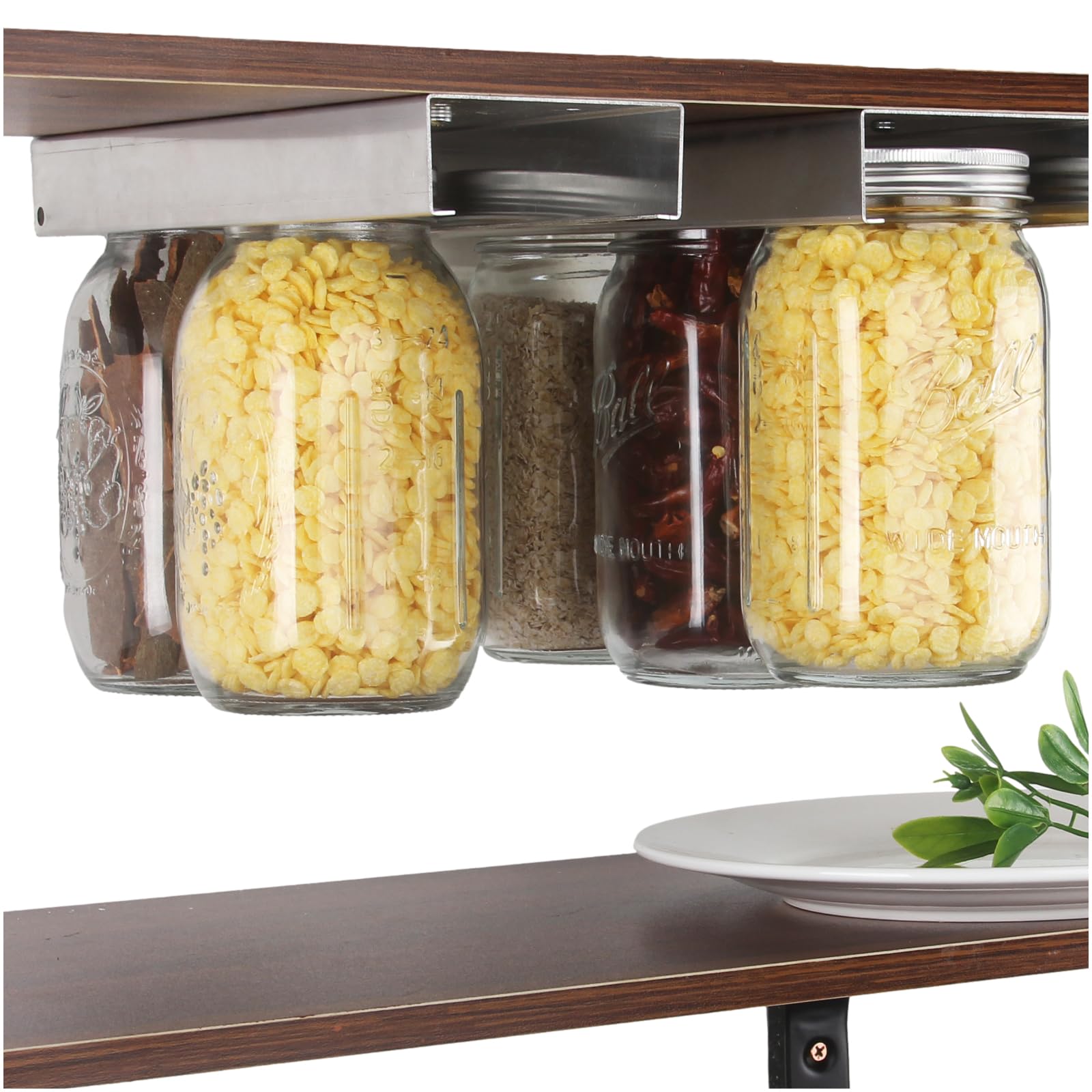 Lopeztek under-cabinet mason jar organizer keeps jars accessible and neatly stored.