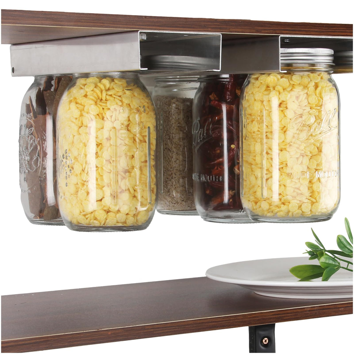 Lopeztek under-cabinet mason jar organizer keeps jars accessible and neatly stored.