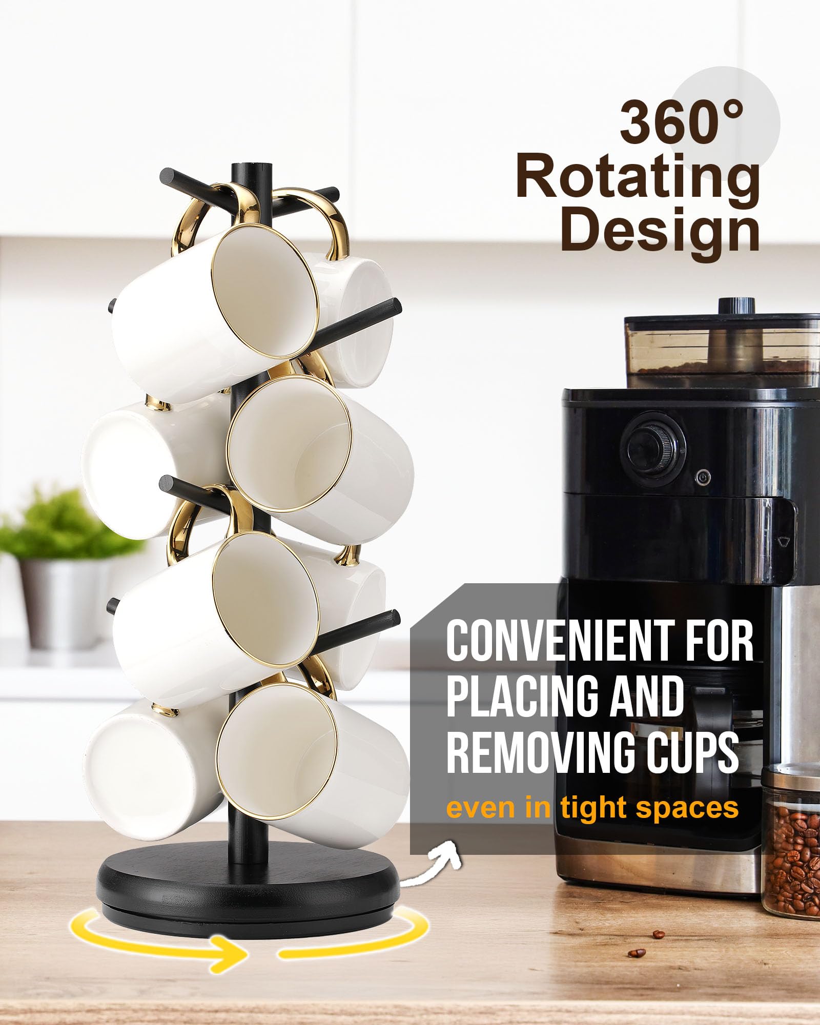 Lorbro Mug Tree with 8 hooks holds eight mugs neatly and accessibly