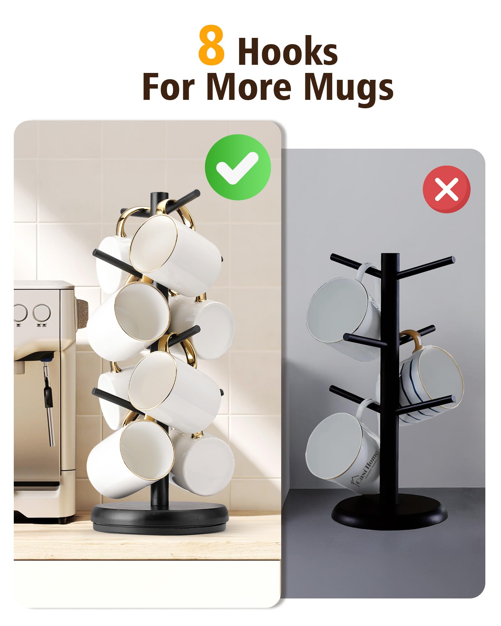 Lorbro mug tree with smooth finish protects mugs from scratches