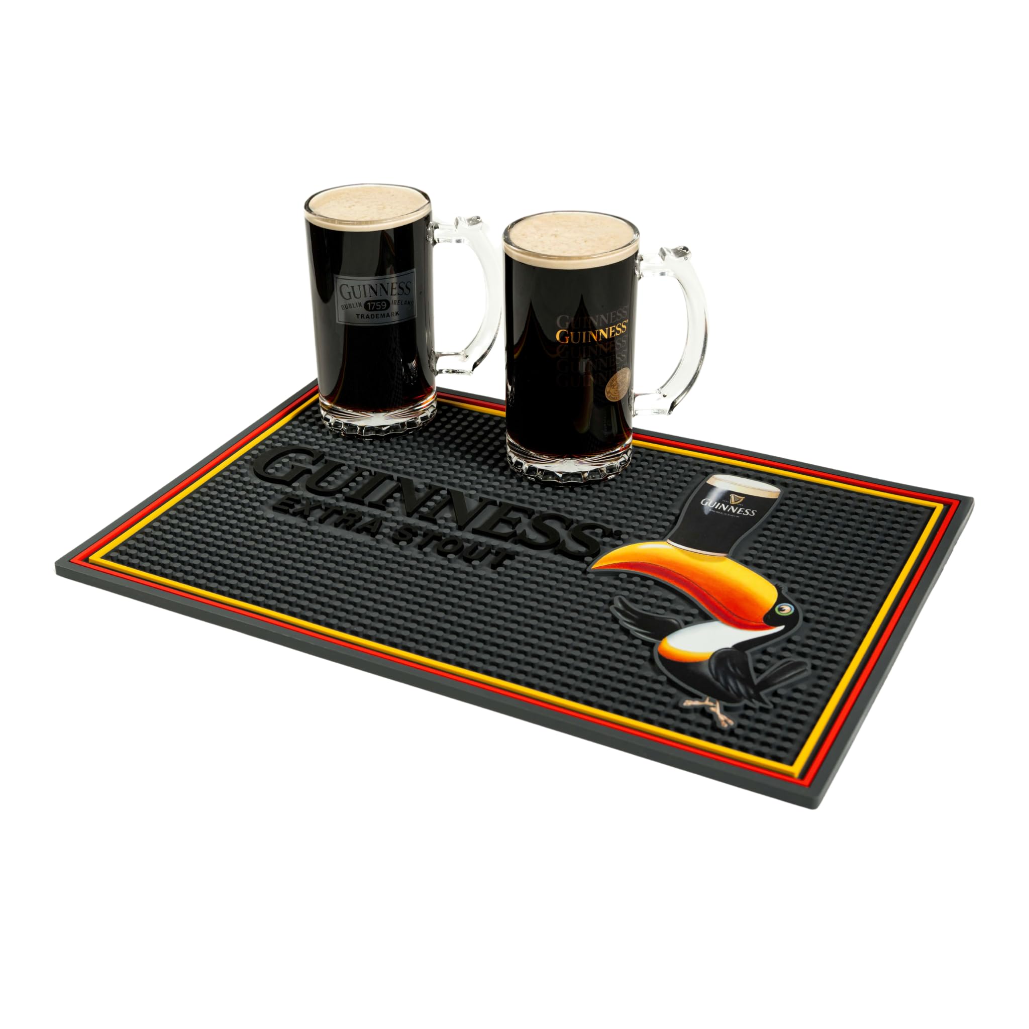 LORD'S ROCKS Guinness bar mat is 18x12 inches, offering ample workspace and spill protection.