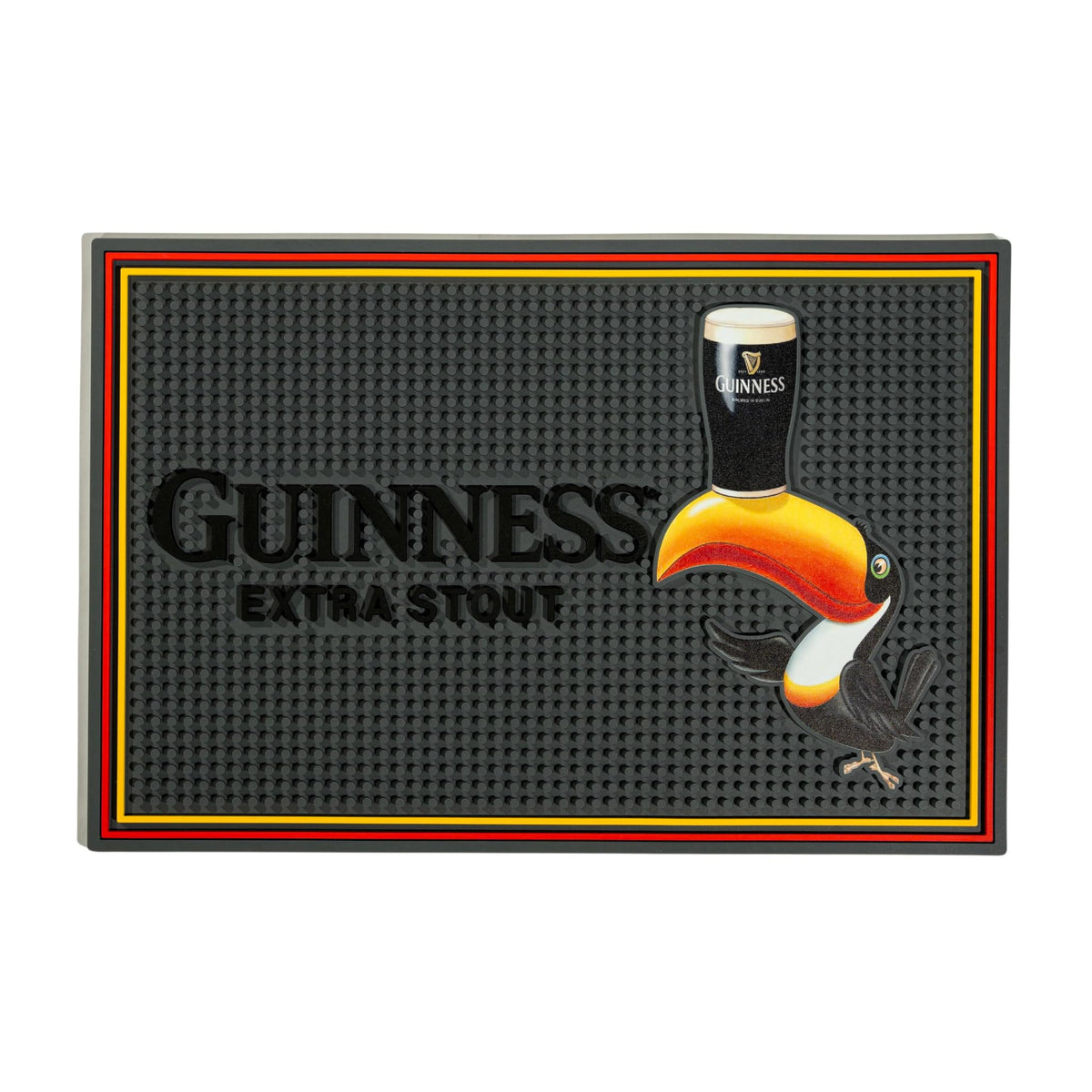 LORD'S ROCKS Guinness bar mat featuring toucan art protects countertops while adding vintage pub charm.