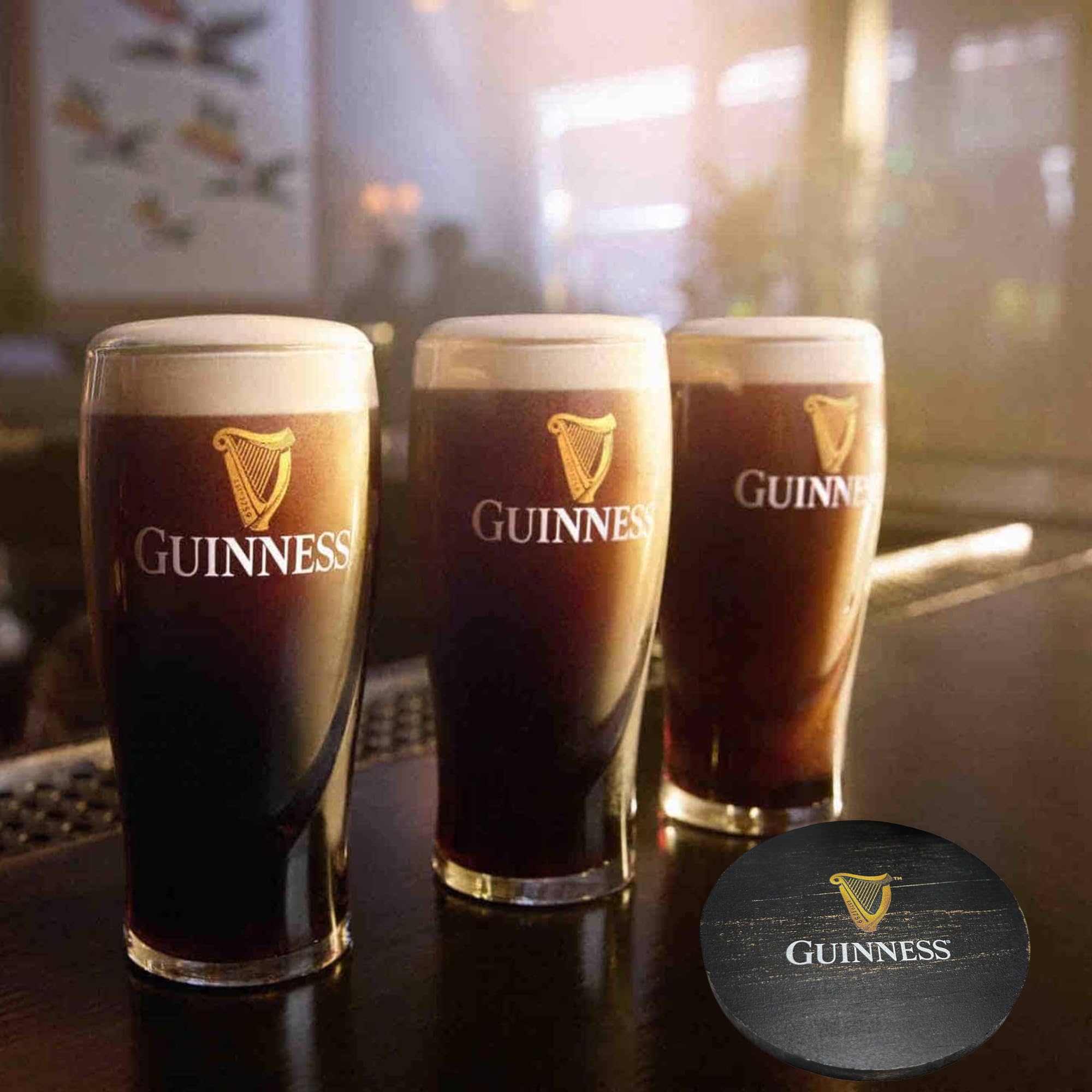 LORD'S ROCKS Guinness coasters enhance shelves and bar carts.