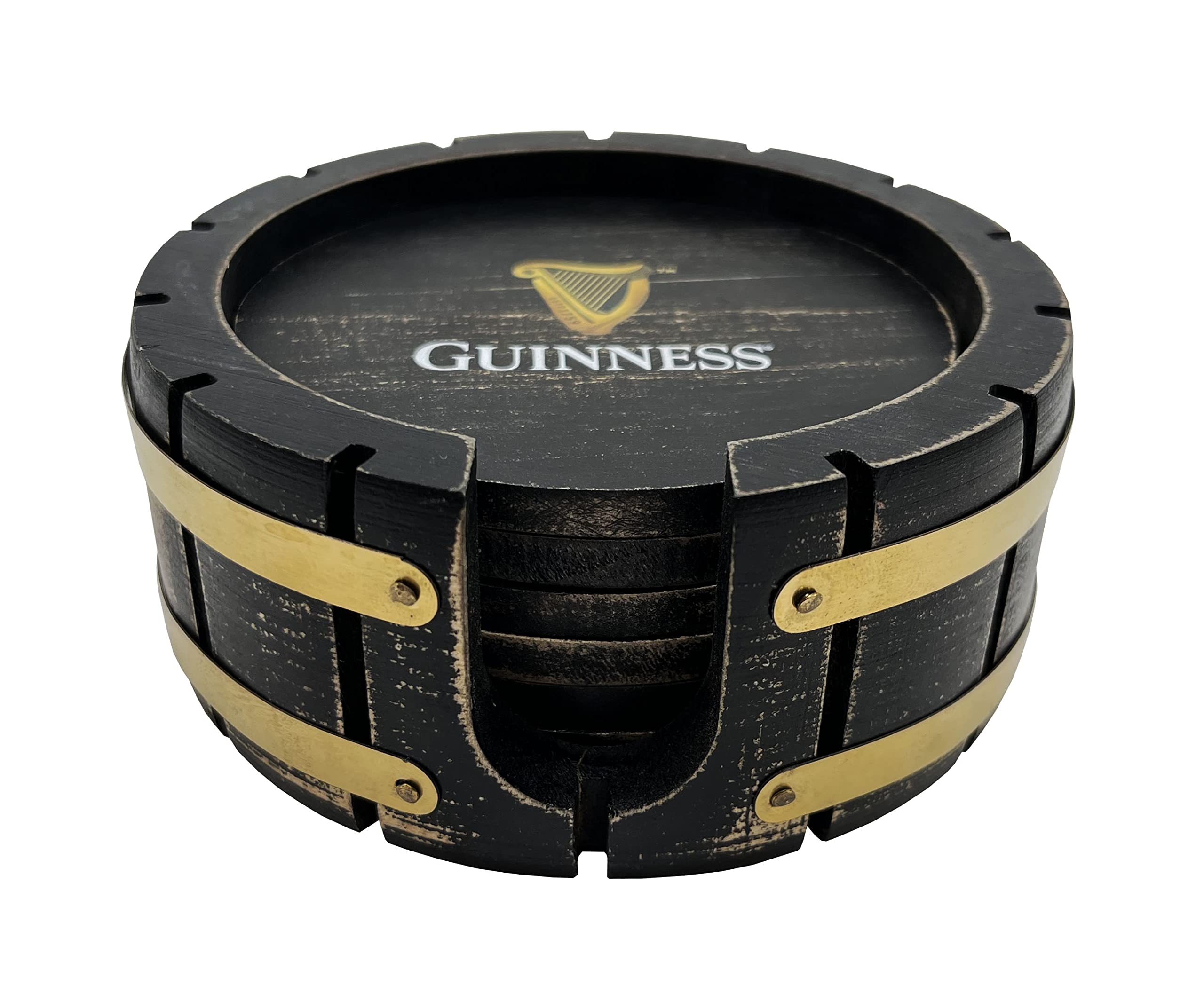 LORD'S ROCKS Guinness coasters with wooden barrel holder close-up for rustic display.