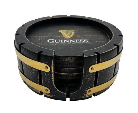 LORD'S ROCKS Guinness coasters with wooden barrel holder close-up for rustic display.