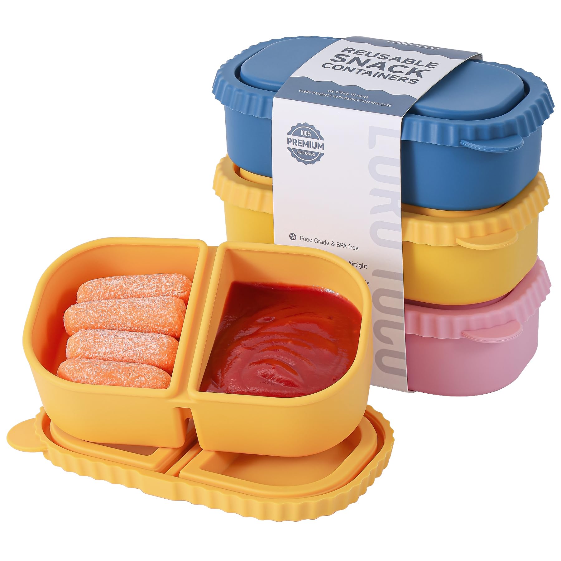 LOROTOCO blue 8oz silicone snack container with double compartments, ideal for portioned snacks.