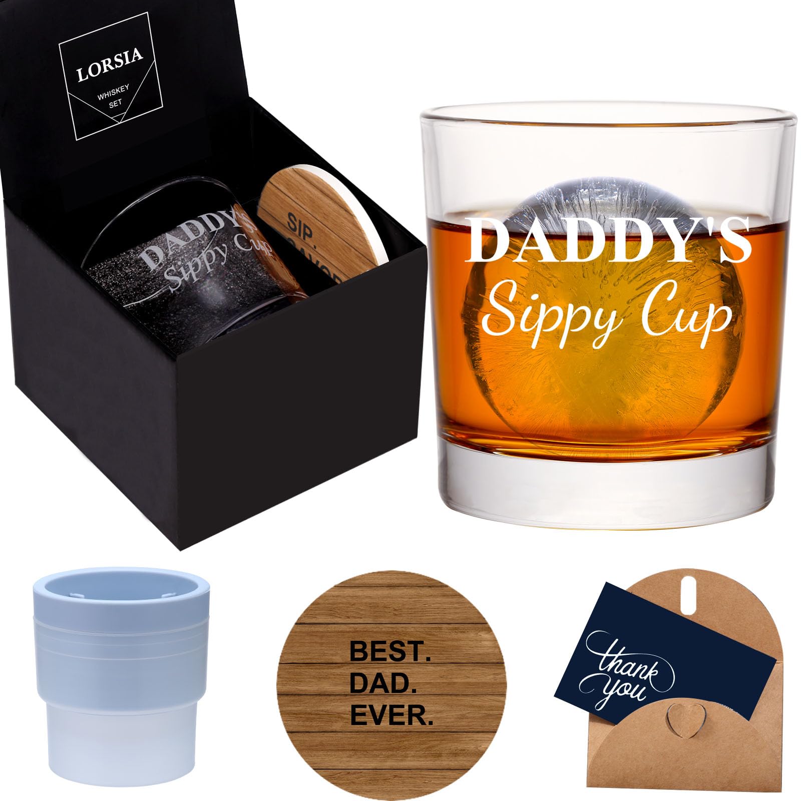 LORSIA Daddy's Sippy Cup glass shows a 10 oz capacity for whiskey and cocktails.