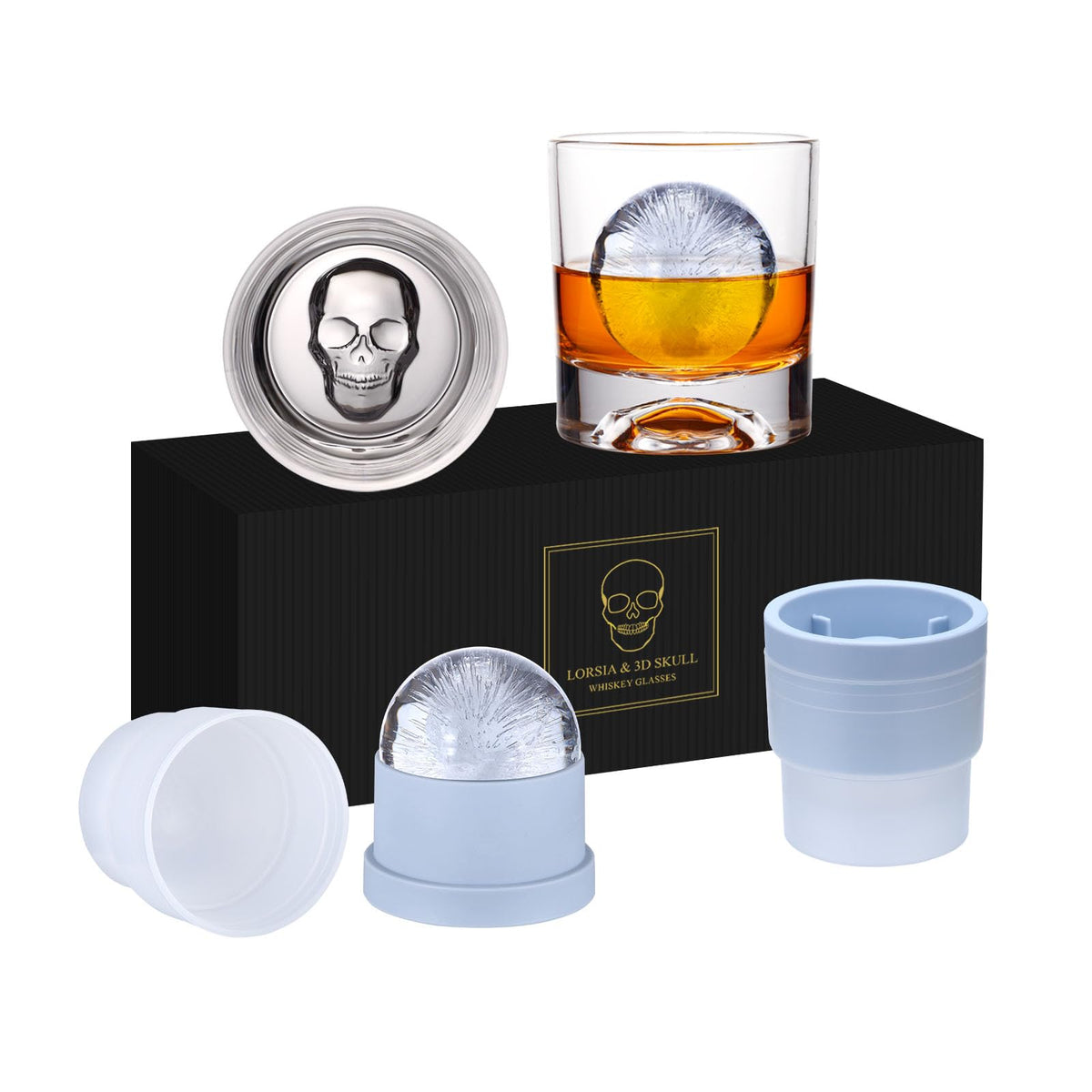 LORSIA Skull Whiskey Glass front view shows crystal clarity and bold design for cocktails.
