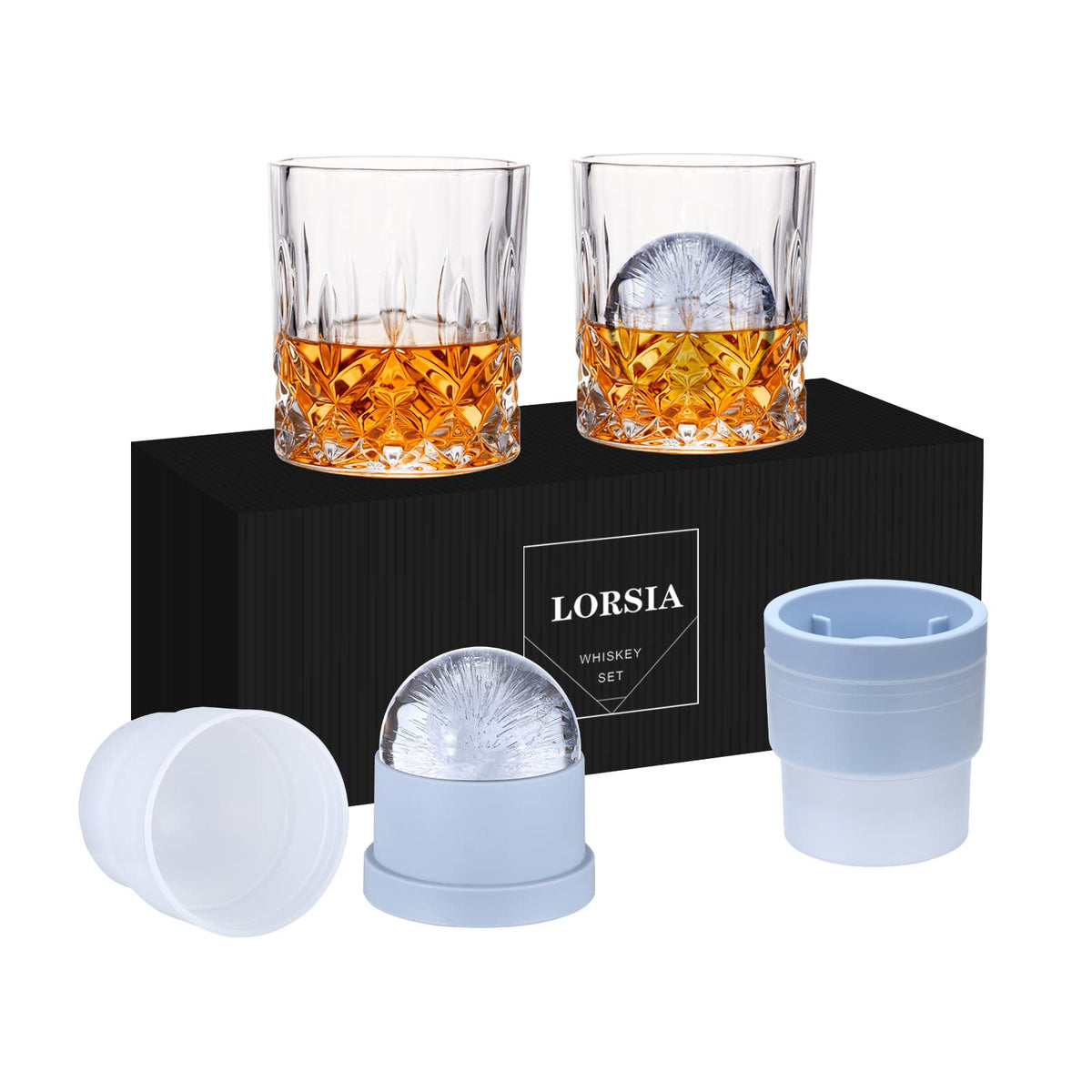 LORSIA whiskey rocks glass set 4 in gift box, ideal for enjoying bourbon or scotch.