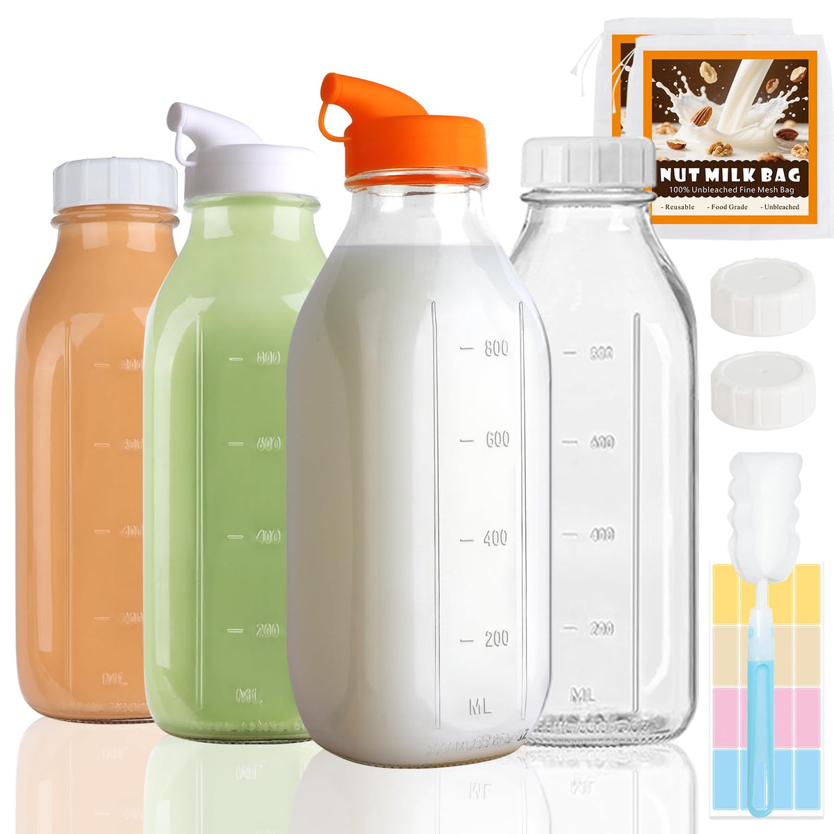 LOSANJI 4-pack glass milk bottles set, crystal-clear fridge-safe storage for milk, juice, or water