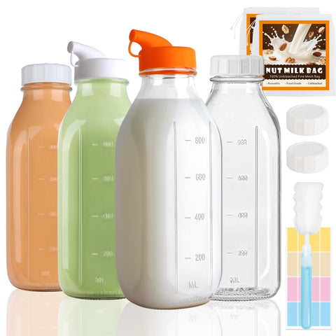 LOSANJI 4-pack glass milk bottles set, crystal-clear fridge-safe storage for milk, juice, or water