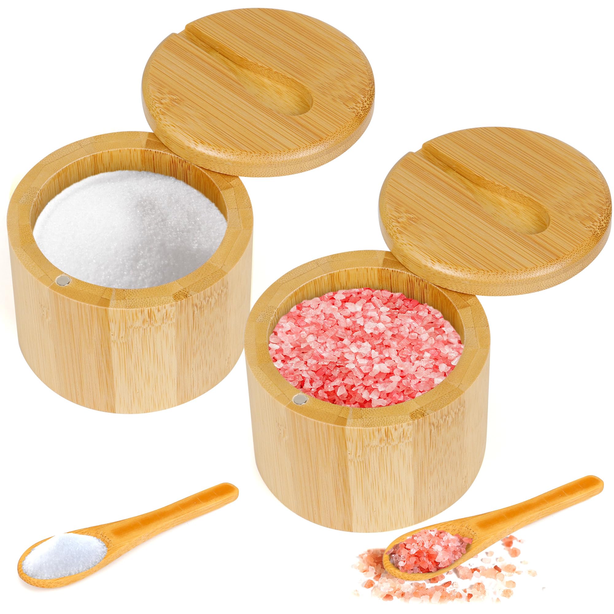 Loscarol bamboo salt cellar with magnetic lid for one-handed access.