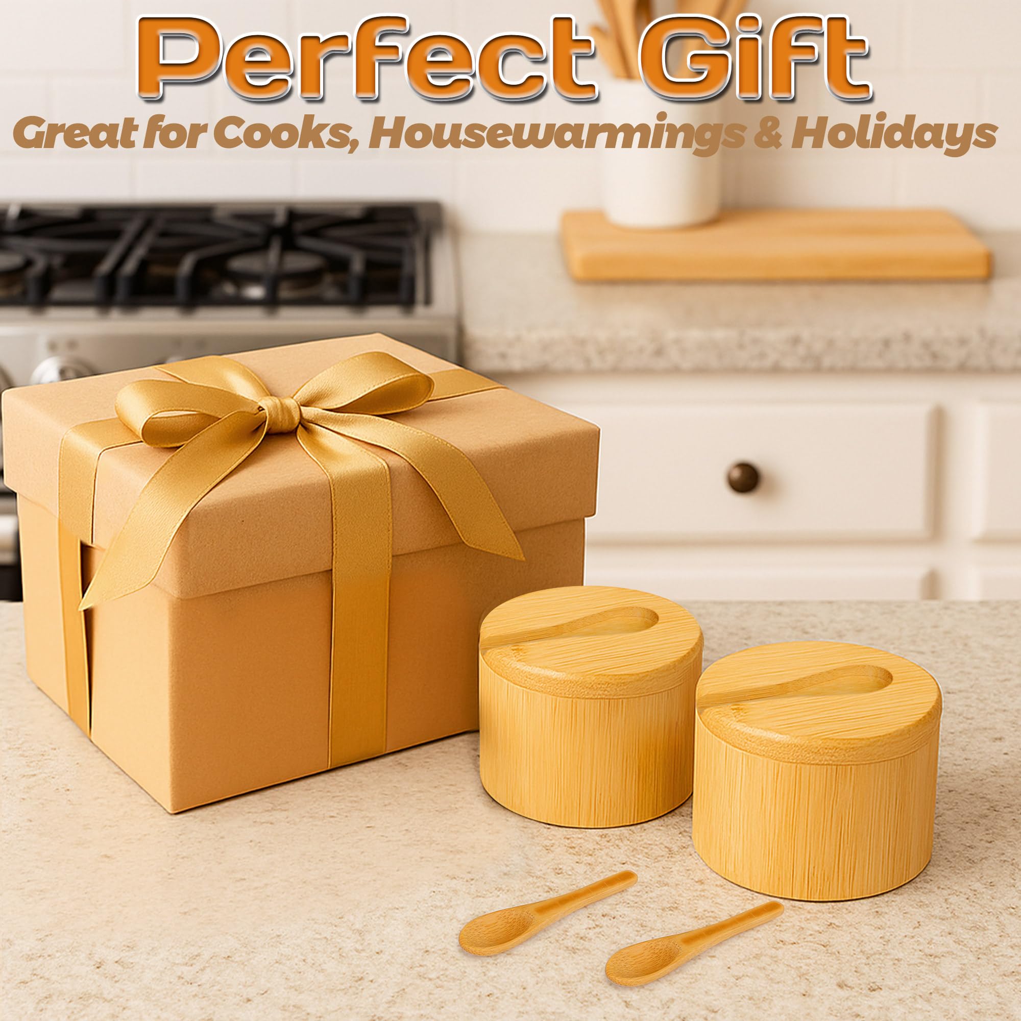 Loscarol elegant bamboo salt container enhances kitchen decor.