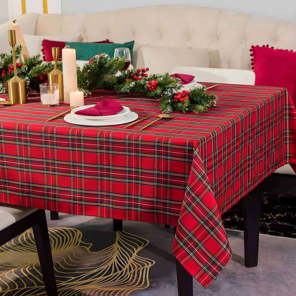 LOSIVISHE Christmas Red Plaid tablecloth closeup highlights woven texture and festive charm.