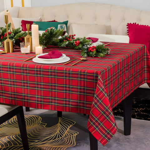 LOSIVISHE Christmas Red Plaid tablecloth closeup highlights woven texture and festive charm.