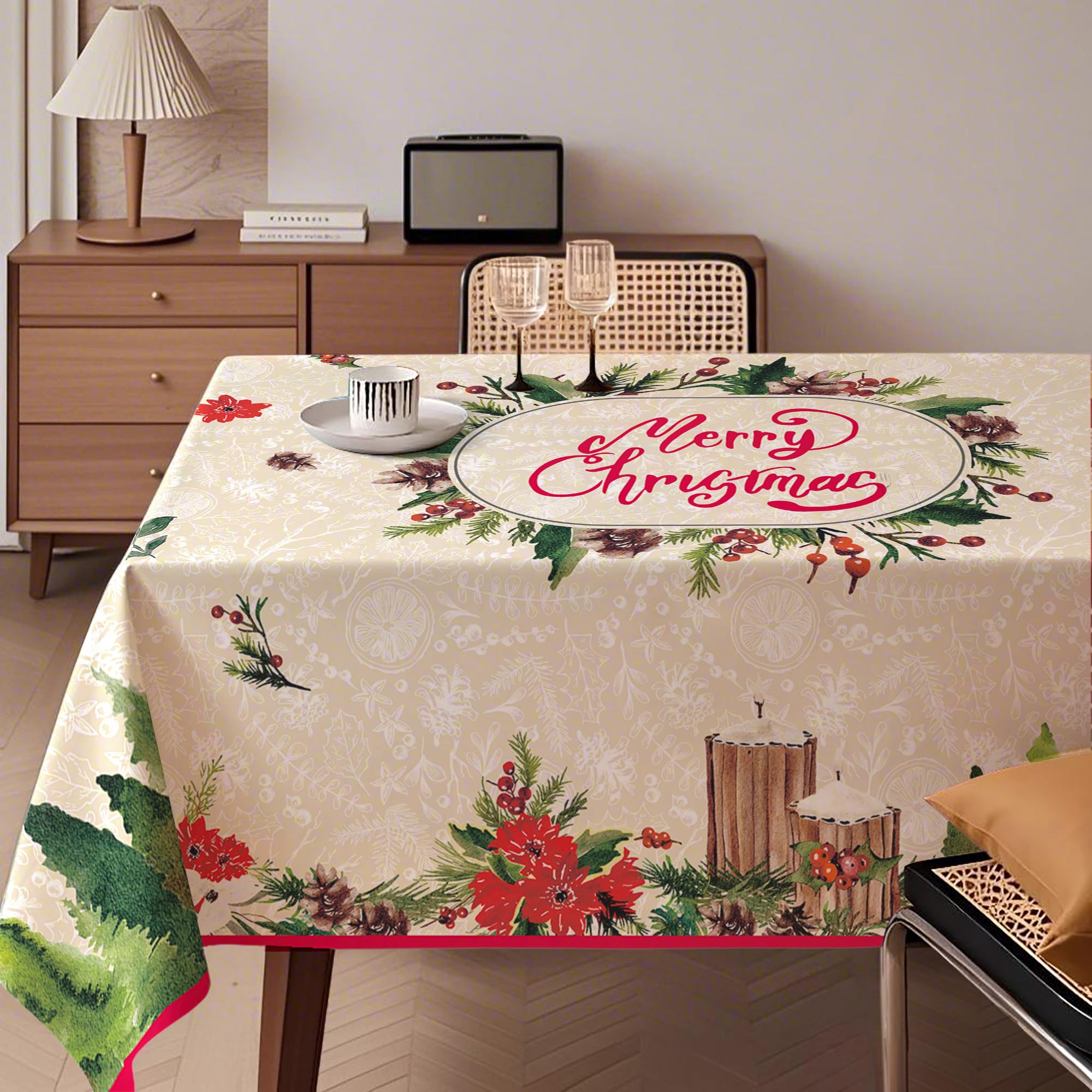 LOSIVISHE Christmas tablecloth with beige watercolor tree design for festive holiday dinners.