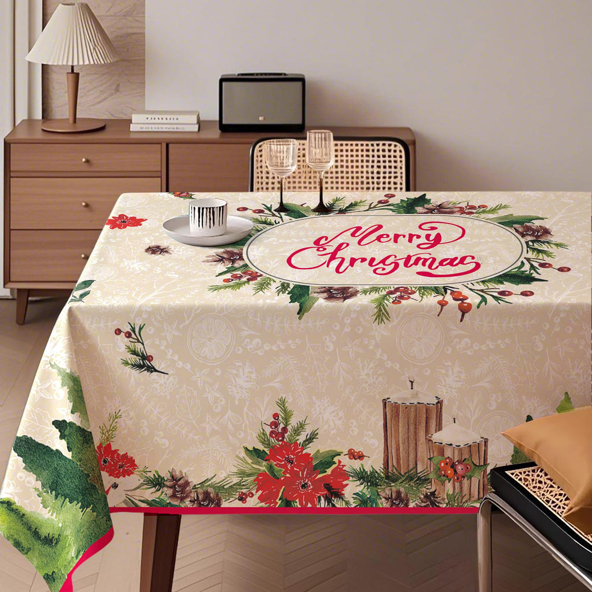 LOSIVISHE Christmas tablecloth with beige watercolor tree design for festive holiday dinners.