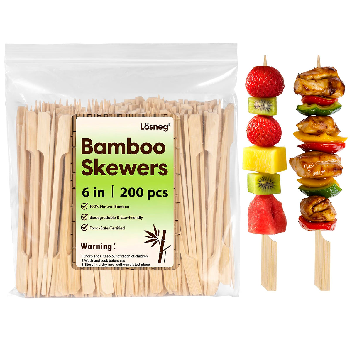 Losneg 6-inch bamboo skewers in pack for easy prep and serving.