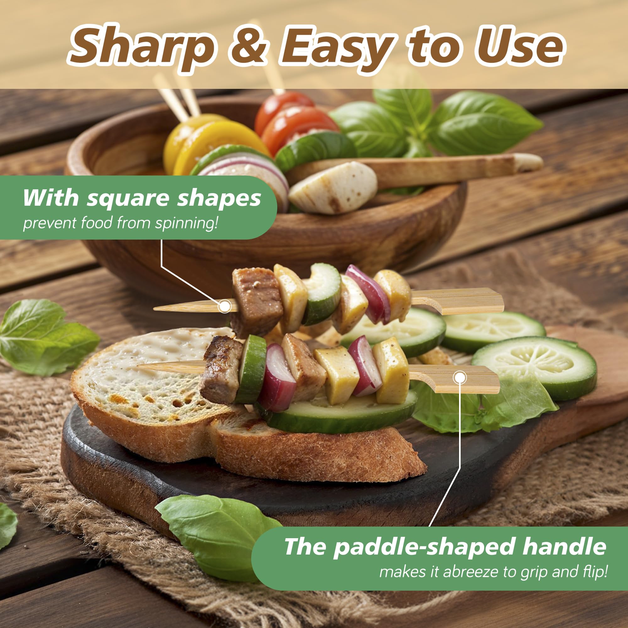 Losneg skewers with flat paddle handle prevent rolling on charcuterie boards for secure serving