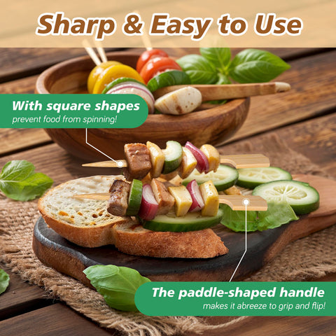 Losneg skewers with flat paddle handle prevent rolling on charcuterie boards for secure serving