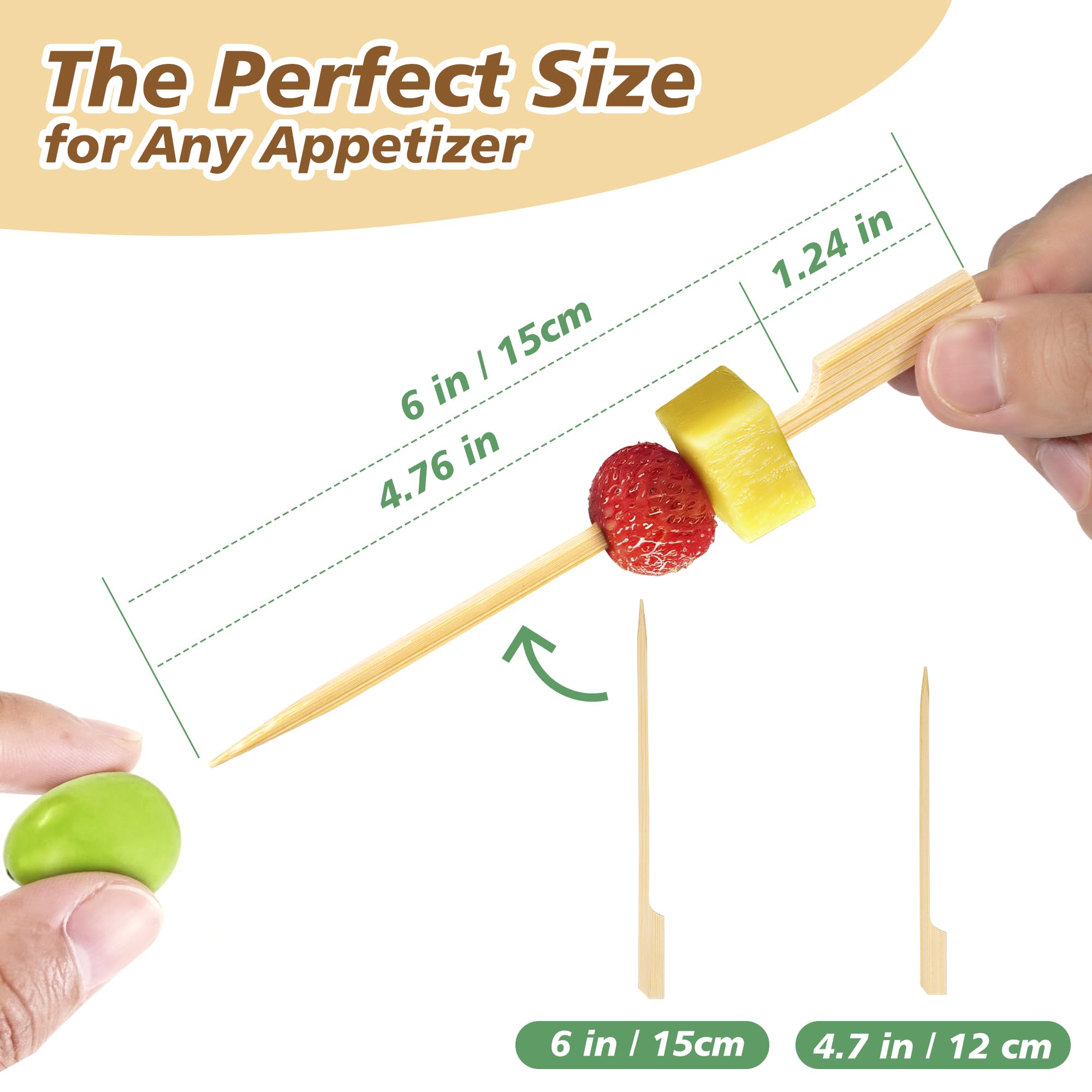 Losneg flat paddle handle 6-inch skewers for secure, non-rolling serving.