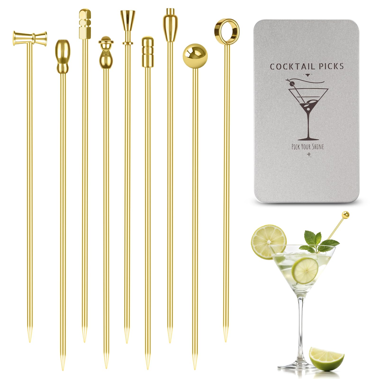 Losneg gold metal cocktail picks with olives for elegant garnishes.