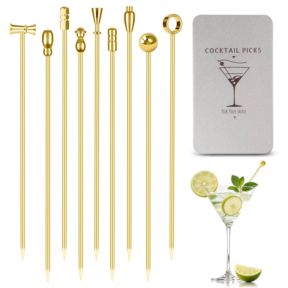 Losneg gold metal cocktail picks with olives for elegant garnishes.