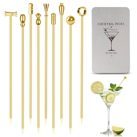 Losneg gold metal cocktail picks with olives for elegant garnishes.