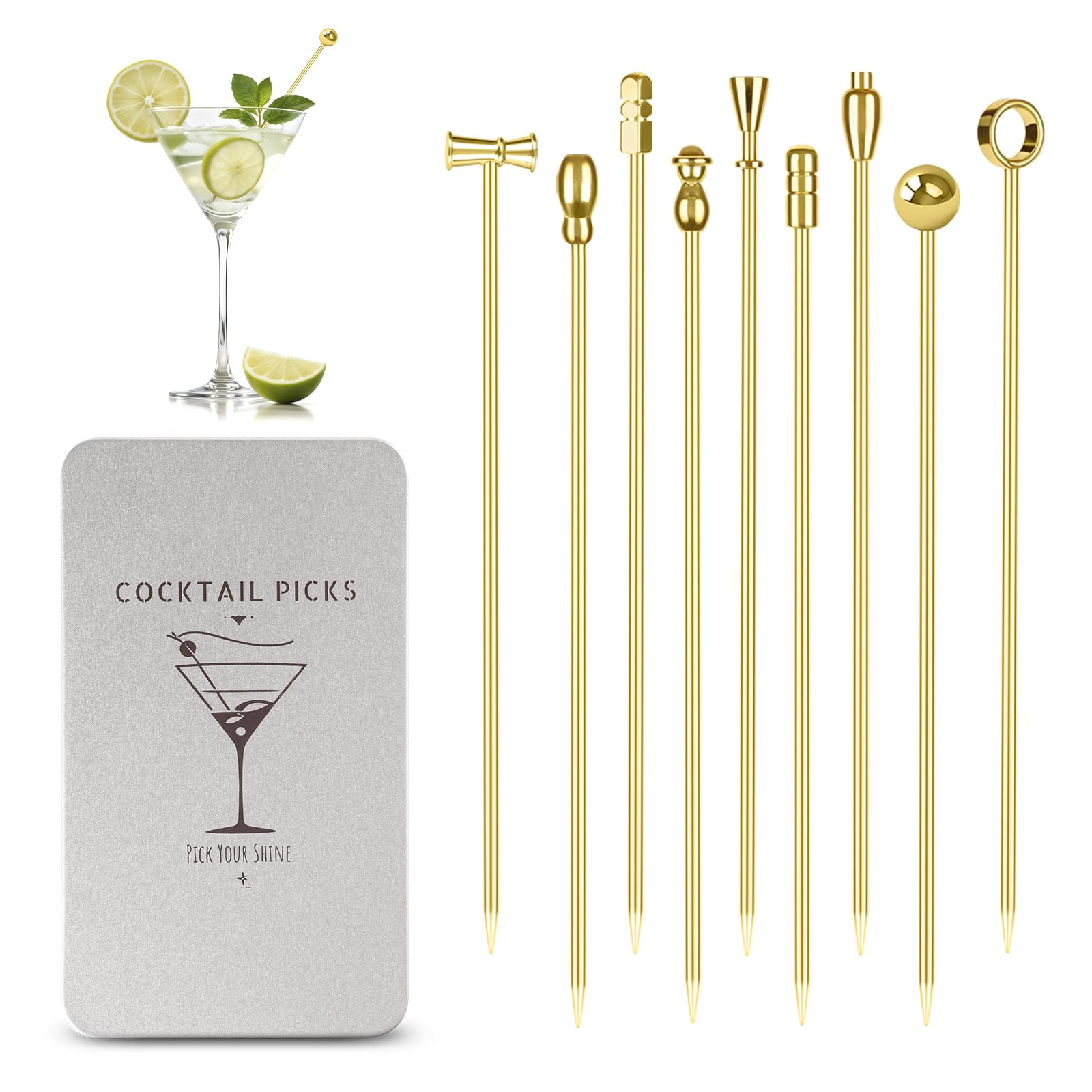 Losneg gold metal cocktail picks with olive spear for elegant, mess-free garnishing.