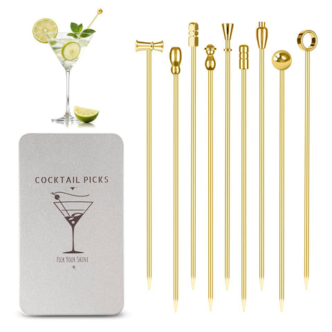 Losneg gold metal cocktail picks with olive spear for elegant, mess-free garnishing.
